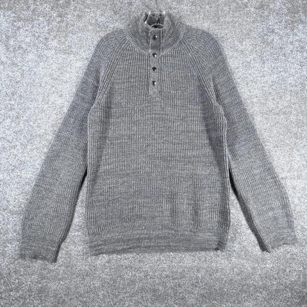 Banana Republic Sweater Mens Medium Heathered Gray Cotton Tight Knit Ribbed Snap